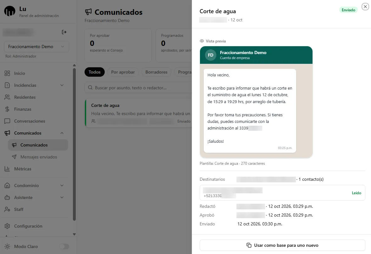 Módulo de Comunicados de Lu: contenido del aviso, selección de destinatarios con el filtro Solo casas con adeudo, opciones de envío programado o urgente y vista previa en WhatsApp.