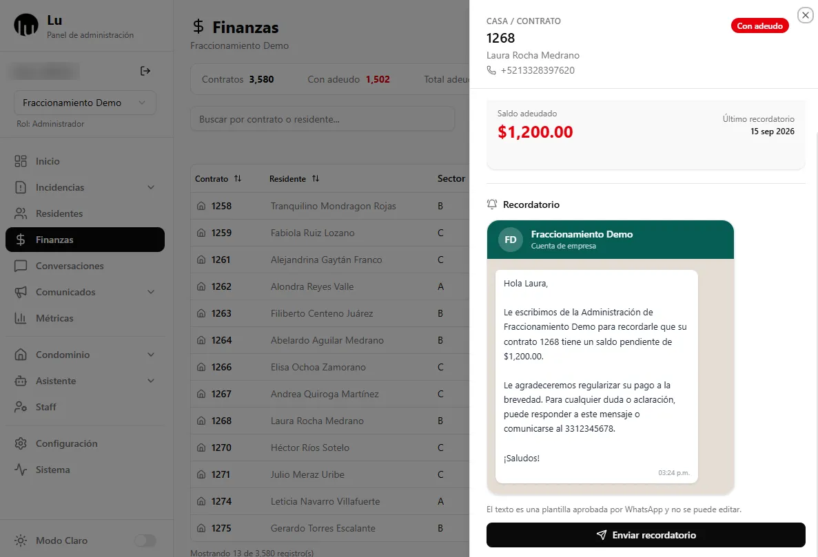 Módulo de Finanzas de Lu con la tabla de contratos, saldos y estados, y el detalle de la casa 1268 con la vista previa del recordatorio de pago por WhatsApp.